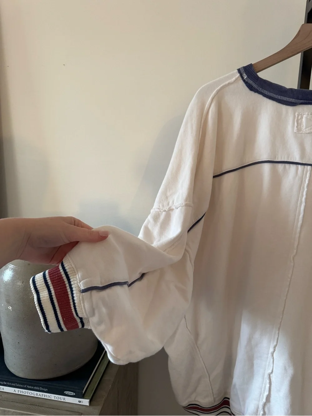 Free People Varsity Cream Oversized Crewneck Sweater
